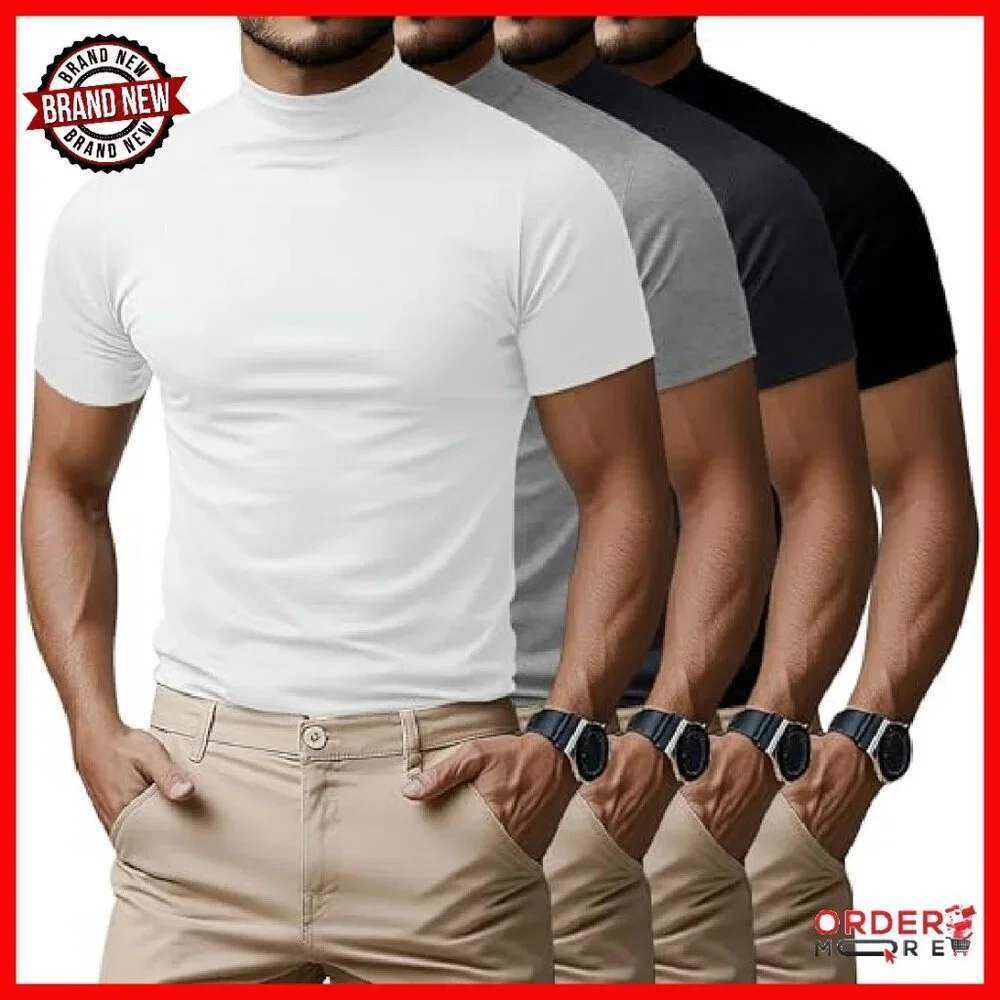 Men's Mock Neck T-Shirts 4-Pack, Cotton Spandex, Short Sleeve Undershirts